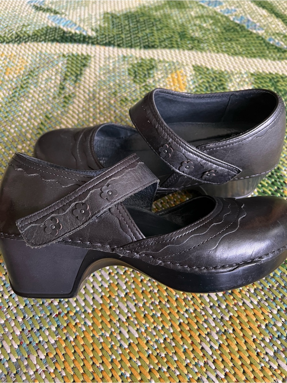 Dansko Black Mary Jane Heels with Floral Strap